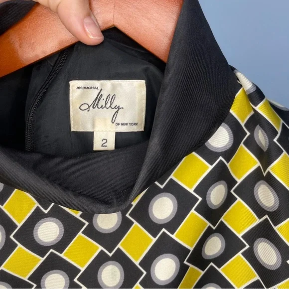 Vintage MILLY of New York Yellow/Green & Black Geometric Silk Mini Dress Size 2 - Picture 3 of 6